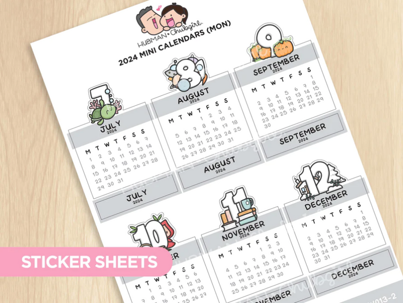 2024 Mini Themed Calendars (Mon) | Sticker Sheet