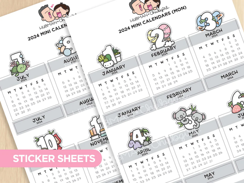 2024 Mini Themed Calendars (Mon) | Sticker Sheet