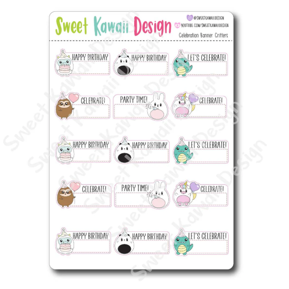 Kawaii Celebration Banner Critter | Sticker Sheet