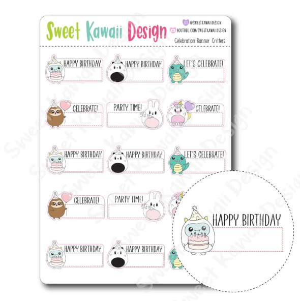 Kawaii Celebration Banner Critter | Sticker Sheet