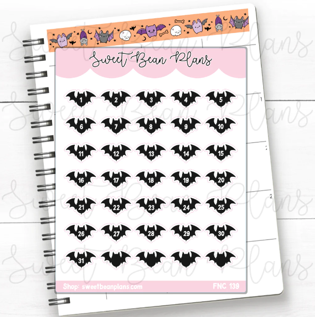 Black Halloween Bat Date Numbers | Sticker Sheet