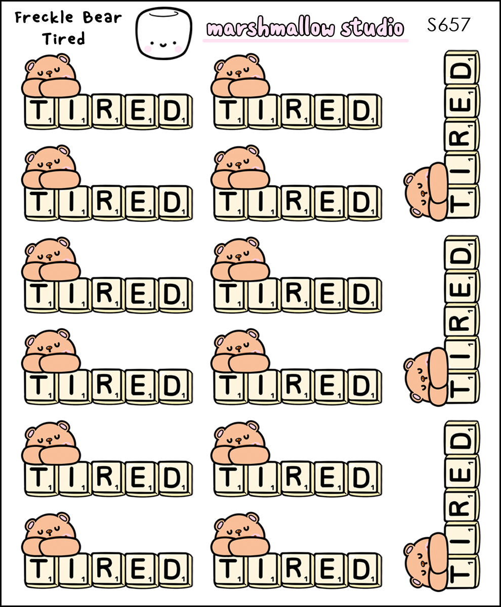Freckle Bear - Tired (Scrabbled) | Sticker Sheet
