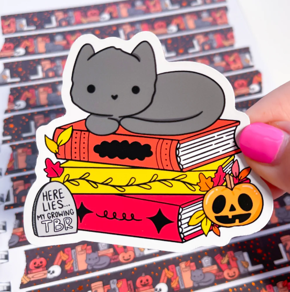 Black Cat Book Stack | Vinyl Sticker