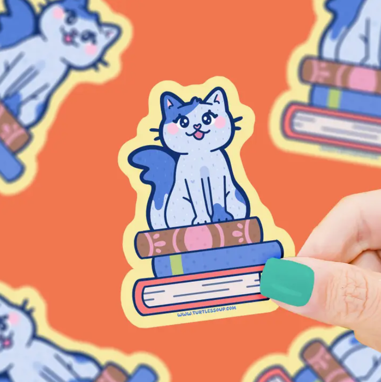 Cat On Stacked Books | Vinyl Sticker