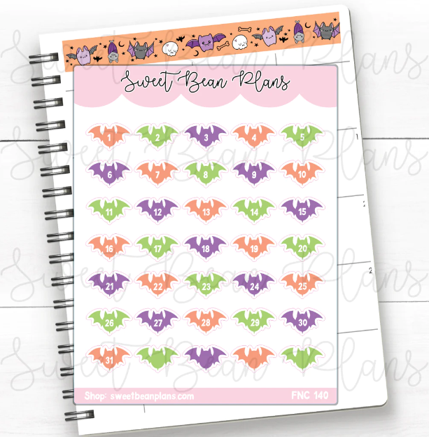 Colorful Halloween Bat Date Numbers | Sticker Sheet