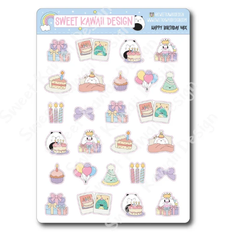 Kawaii Happy Birthday Mix | Sticker Sheet