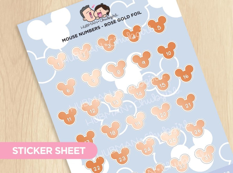 Mouse Numbers (Rose Gold foil) | Big Sticker Sheet