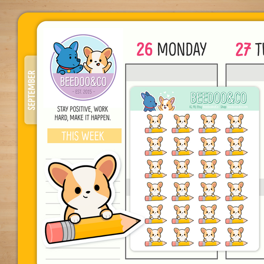 Miso The Corgi Holding A Pencil | Sticker Sheet