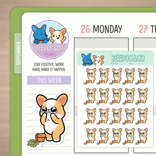 Miso The Corgi Kills A Plant | Sticker Sheet